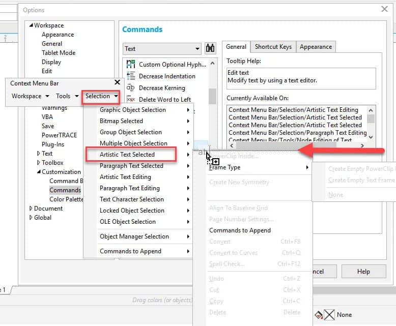 Сколько команд в контекстном меню? Coreldraw. Coreldraw Workspace. Coreldraw Tools > options Workspace > display disable "enable selection after drawing".