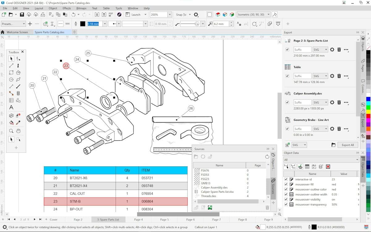 Corel DESIGNER 2021 - interactive spare parts page creation &amp; dynamic SVG support - screenshot